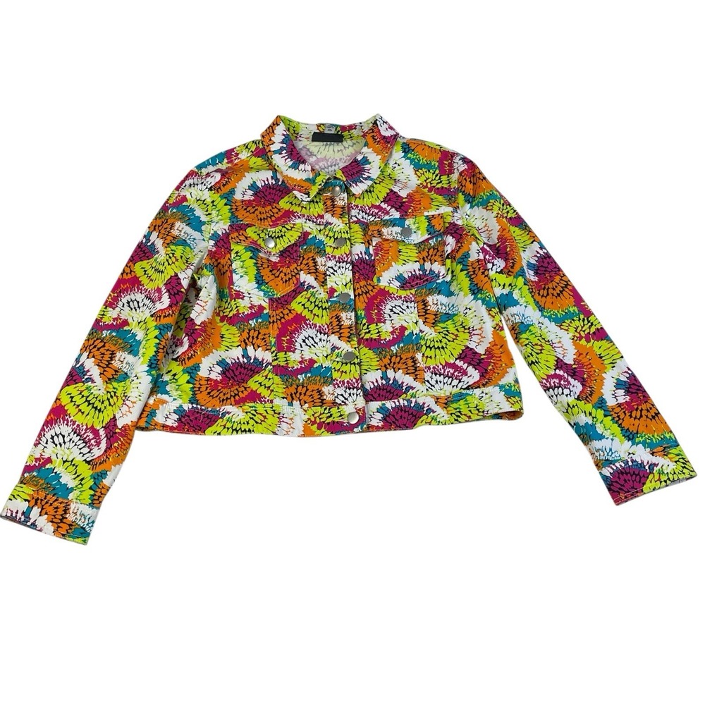 Y2K Cropped Denim Jacket Colorful Floral Print  Maximalist‎ Womens 16P